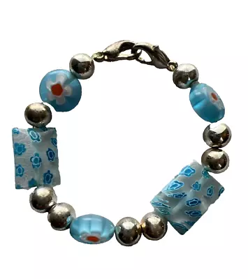 Vintage Sterling Silver Venetian Murano Child's Turquoise Art Glass Bracelet • $27.99