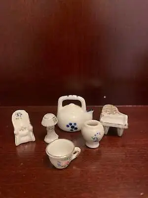 Vintage Set/6 Miniature Ceramic Household Figurines Piano Chair Lamp Vase Tea • $3.99