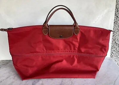 Vintage LONGCHAMP Le Pliage Red Expandable Nylon XL Travel Bag France • $125