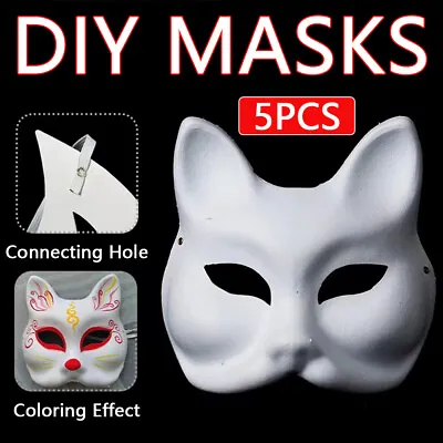 5 Pcs White Face Paper Masks Cat For DIY Painting Blank Masks Cat Half Pa • $13.59