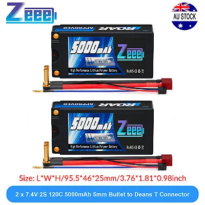 2x Zeee 2S Shorty Lipo Battery 5000mAh 7.4V 120C 5mm Bullet To Deans For RC Car • $103.49