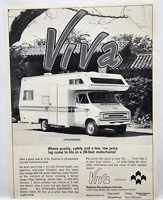 1973 Redman Viva Camper Motor Home RV Vtg Print Ad Man Cave Poster Sun Valley CA • $10.88