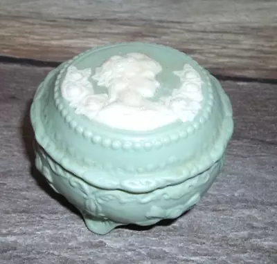 Vintage Wedgwood Style White Cameo Sage Green Jasperware Trinket Jewelry Box • $14