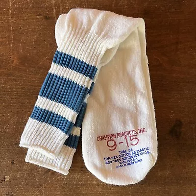 Vintage Champion Tube Socks Size 9-15 White W/ Blue Stripes Made In USA • $25