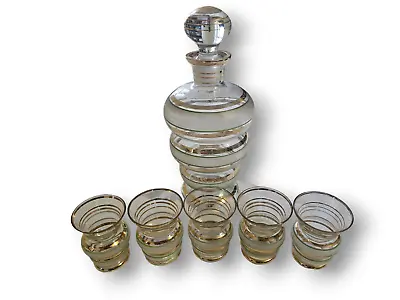 Vintage Glass Decanter Set With 5 Shot Glasses - Elegant Green And Gold Bands • $29.04