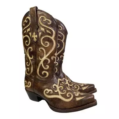 Tony Lama Vaquero Santa Fe Inlay Cowboy Boot Women Size 7.5 B Snip Toe • $130