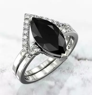 14K White Gold Plated 2Ct Marquise Lab Created Black Diamond Wedding Bridal Set • $150.49