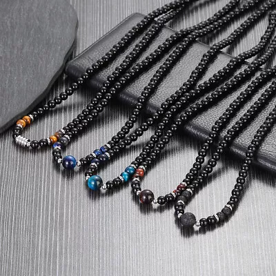 Men Charm Necklace Stainless Steel Clasp Natural Tiger Eye Obsidian Stone Beaded • $7.99