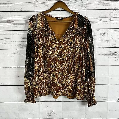 Miss Me Womens Top Shirt Size Medium Brown Floral Smocked Sleeve Peasant Boho • $19.99