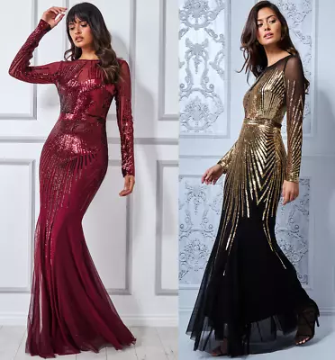 £89.99 • Buy Goddiva Shooting Star Sequin Maxi Long Sleeve Formal Evening Dress Prom Party