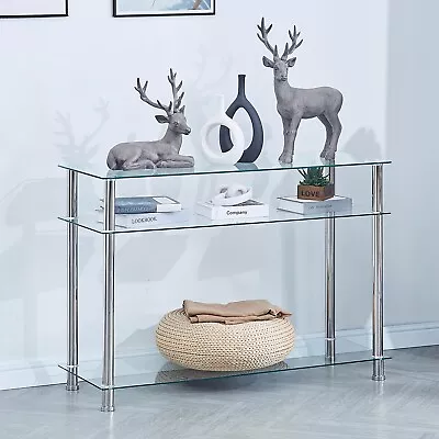 3 Tier Clear Tempered Glass Console Table Storage Shelves Stainless Steel Tubes • $109.99