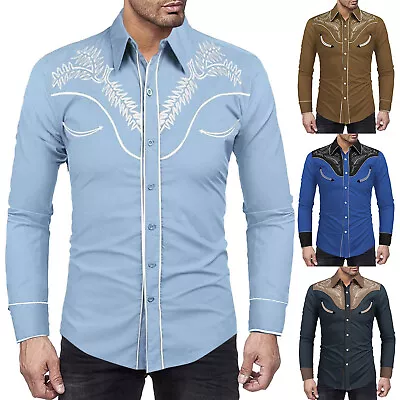 Men's Western Denim Shirt Casual Long Sleeve Halloween Button Cotton Shirt • $23.15