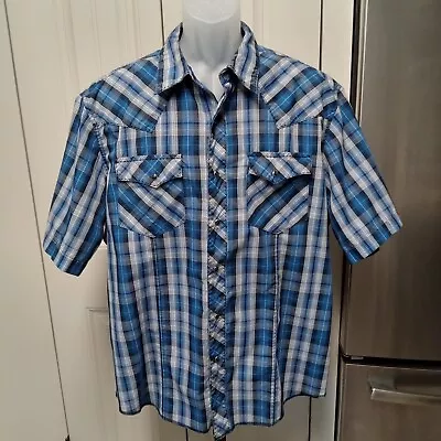 VGT Wrangler Western Shirt Blue Short Sleeve Mens X Large Plaid Pearl Snap!! • $12.99