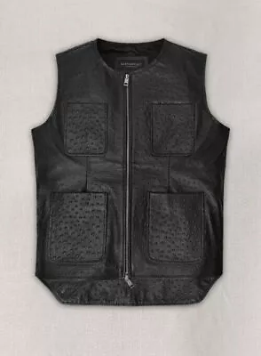 Mens Leather Vest Black Ostrich Genuine Leather Pure Sheepskin Zipper Coat • $109.69