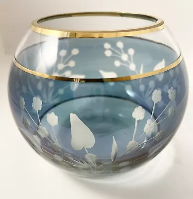 Etched Crystal Bowl Gold-Colored Trim Floral Design Handcrafted Romania Blue • $18