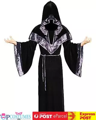 Mystic Sorcerer Wizard Mens Black Robe Magician Halloween Warlock Costume • $56.45