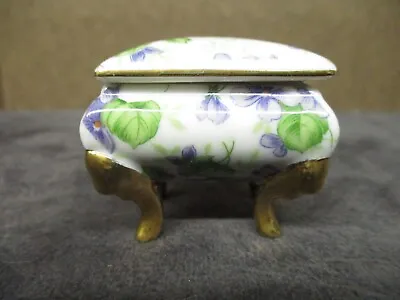 Lefton Violets Chintz Footed Gold Gilt Trinket Jewelry Lidded Box Small 1239 • $10.49