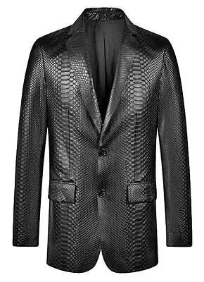 Men's Black Lambskin Leather Blazer Coat Suit Jacket Python Snake Texture Jacket • $310.40