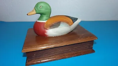 Vintage Wooden Card Box Lid Features A Mallard Duck Figurine - Trinket Box • $16.99