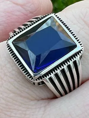 Mens Real Solid 925 Sterling Silver Dark Navy Blue Stone Ring CZ • $37.33