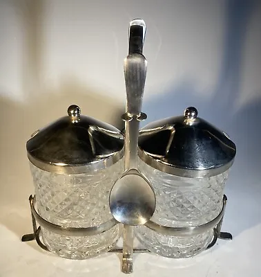 Vtg Sheffield Glass Condiment Cruet Jars W Lids Serving Spoons Made In England • $15