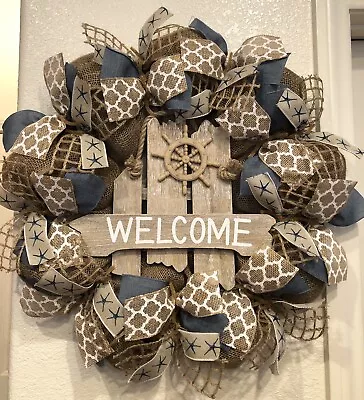 FARMHOUSE BEACH 🏖 WELCOME Wreath BURLAP Deco Mesh 22 X 22 Coastal STARFISH • $64.95