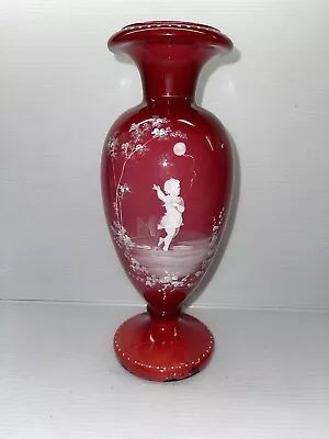 Vtg Mary Gregory Victorian Hand Painted Red Glass Vase Girl Balloon - Read • $45