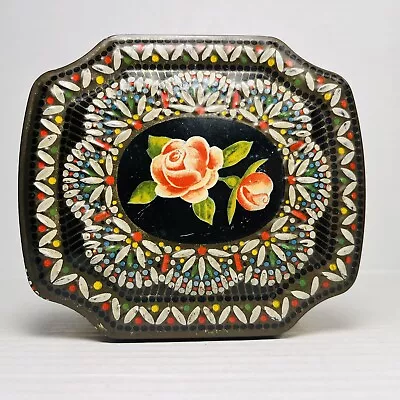 Horner Hinged Metal Tin Box Embossed Painted Goth Victorian Black Rose Vintage • $9.73