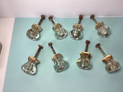 Set Of 8 Vintage Antique Six Sided Hexagonal Clear Glass Pulls With Hardware • $20