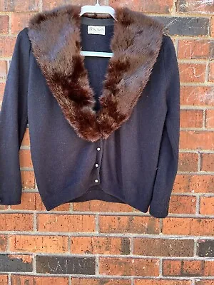 Vintage 1960s 1970s Black Cardigan Mink Fur Collar Sweater Medium • $52