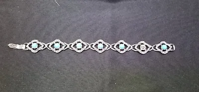 Vintage Sarah Coventry Faux Turquoise Glass Beaded Floral Relief Link Bracelet • $6.99