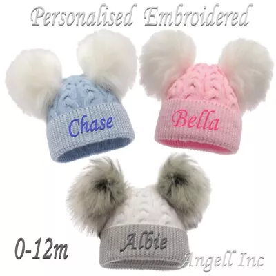 PERSONALISED BABY POM POM HAT KNITTED WINTER WHITE PINK BLUE GREY GIFT NB 0-12m • £8.48