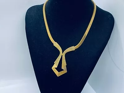 Vtg. Crown Trifari Gold Tone Modernist Herringbone Double Clasp Necklace • $19.99
