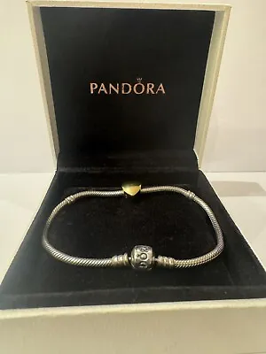 Pandora Silver Moment's Snake Bracelet 20 Cm Barrel Clasp & Gold Heart Charm • £35