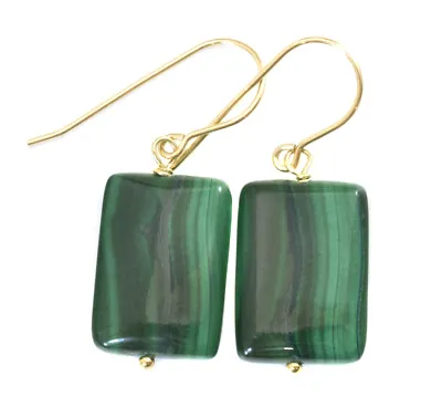Malachite Earrings Natural Green Rectangle Simple Drops Solid 14k Gold Sterling • $35