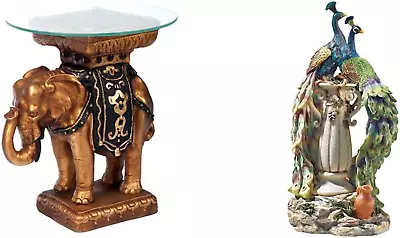 Toscano Maharajah Elephant Indian Glass Top Side Table & Peacock Paradise Statue • $417.41