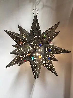 Moravian Star Pierced Metal Glass Pendant Light Lamp Hanging W/marbels 13 '' • $49.99