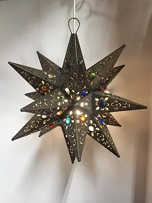 Moravian Star Pierced Metal Glass Pendant Light Lamp Hanging W/marbels 16 '' • $59.99