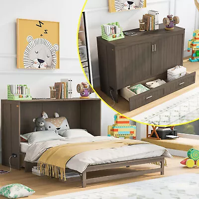 Queen Size Murphy Bed Frame With Built-In Charging Station Antique Grey Xmas • $819