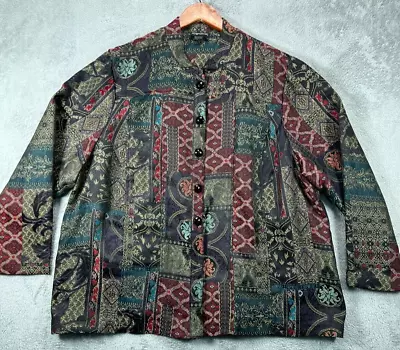 Maggie Barnes Jacket Womens Plus 2X Boho Patchwork Tapestry Jacquard Mandarin • $19.88