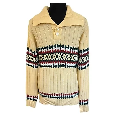 Vintage Thane Argyle Sweater Mens Large 70s Chunky Ribbed Knit Collared Sweater • $69.95