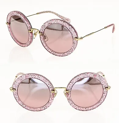 MIU MIU NOIR 13N Pink Glitter Spark Gold Retro Round Mirrored Sunglasses MU13NS • $242.64