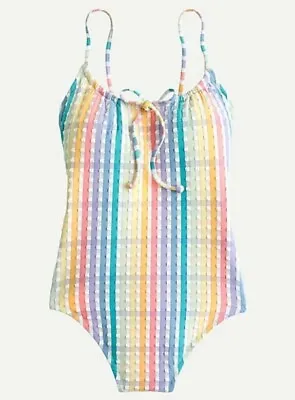 NWT J Crew Bow Front One Piece Swimsuit In Rainbow Gingham Seersucker Sz 0 $118 • $19.99