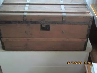 Vintage Antique Flat Top Wood Steamer Trunk Storage With Iron Bands • $40