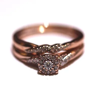 10k Rose Gold Round .24ct Diamond Engagement Ring Wedding Band Set 3.8g Estate • $224.99