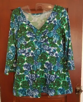 MERONA Women's S Blue Green Floral 3/4 Sleeve Polyester Spandex Shirt • $5.95