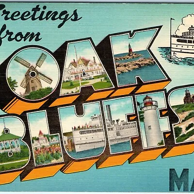 C1940s Oak Bluffs MA Greetings Linen American Art Postcard Eastern Photo A114 • $9.25