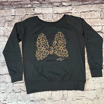 Disney Women's Black Long Sleeve Minnie Mouse Cheetah Print Bow Sweater Size M • $24.47