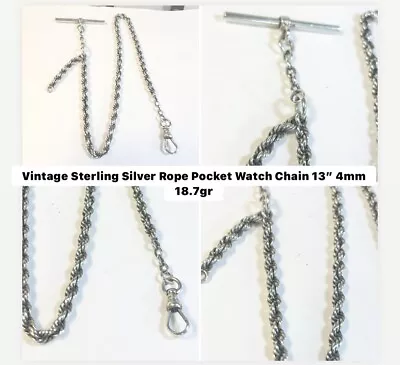 Vintage Sterling Silver Rope Pocket Watch Chain 13” 4mm 18.7gr • $65