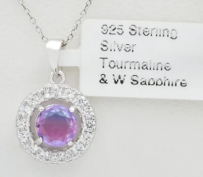 LAB CREATED 0.95 Cts TOURMALINE & W/SAPPHIRE PENDANT NECKLACE .925 SILVER • $0.99
